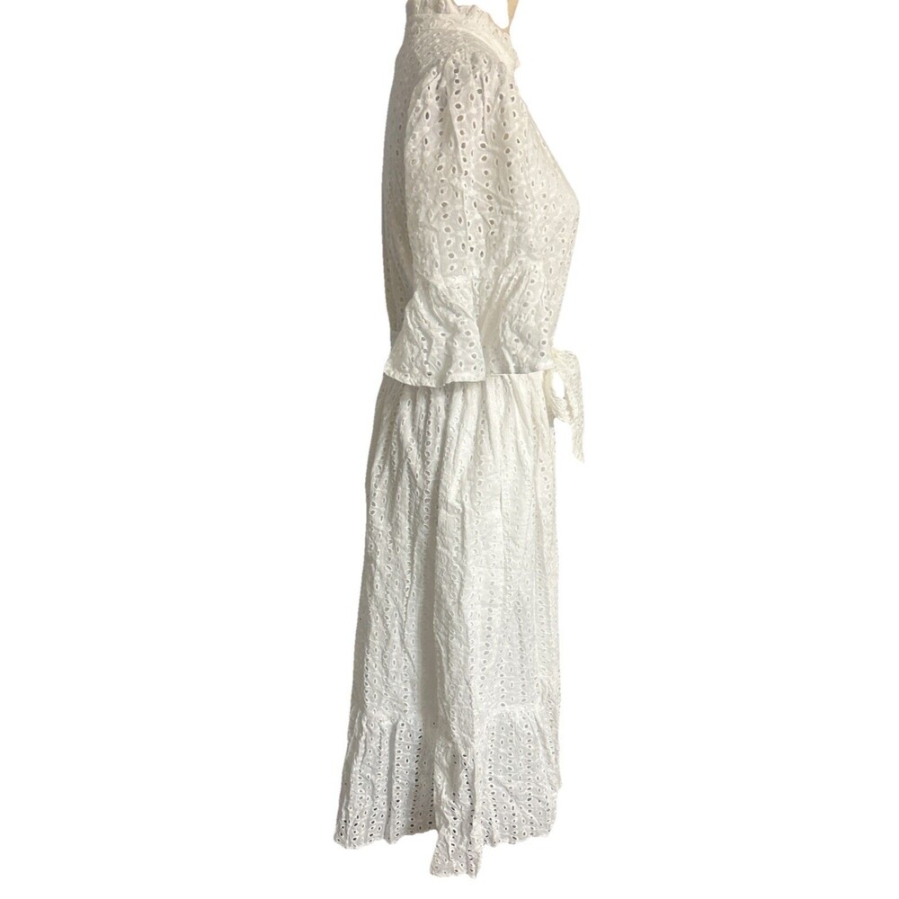 Sugarlips Kaylie Eyelet Sz M White Button Down Ruffle Midi Belted Cotton Dress - Picture 9 of 15